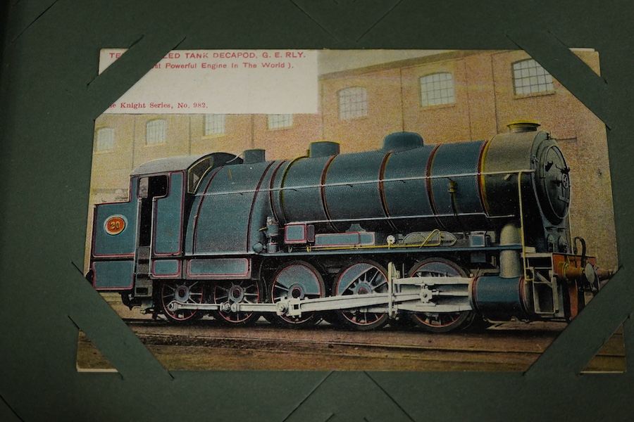 A postcard album containing approximately 160 early to mid 20th century railway related postcards, contained within an Edwardian postcard album, most are unused and unposted, most featuring locomotives and rolling stock,